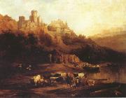 Jenaro Perez Villaamil Herd of Cattle Resting on a Riverbank in Front of a Castle (mk22) USA oil painting artist